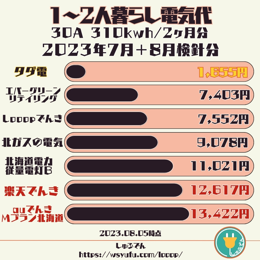 北海道一人暮らし　電気代比較　1番安い　2023年7月＋8月検針分　タダ電 市場連動型　エバーグリーンリテイリング