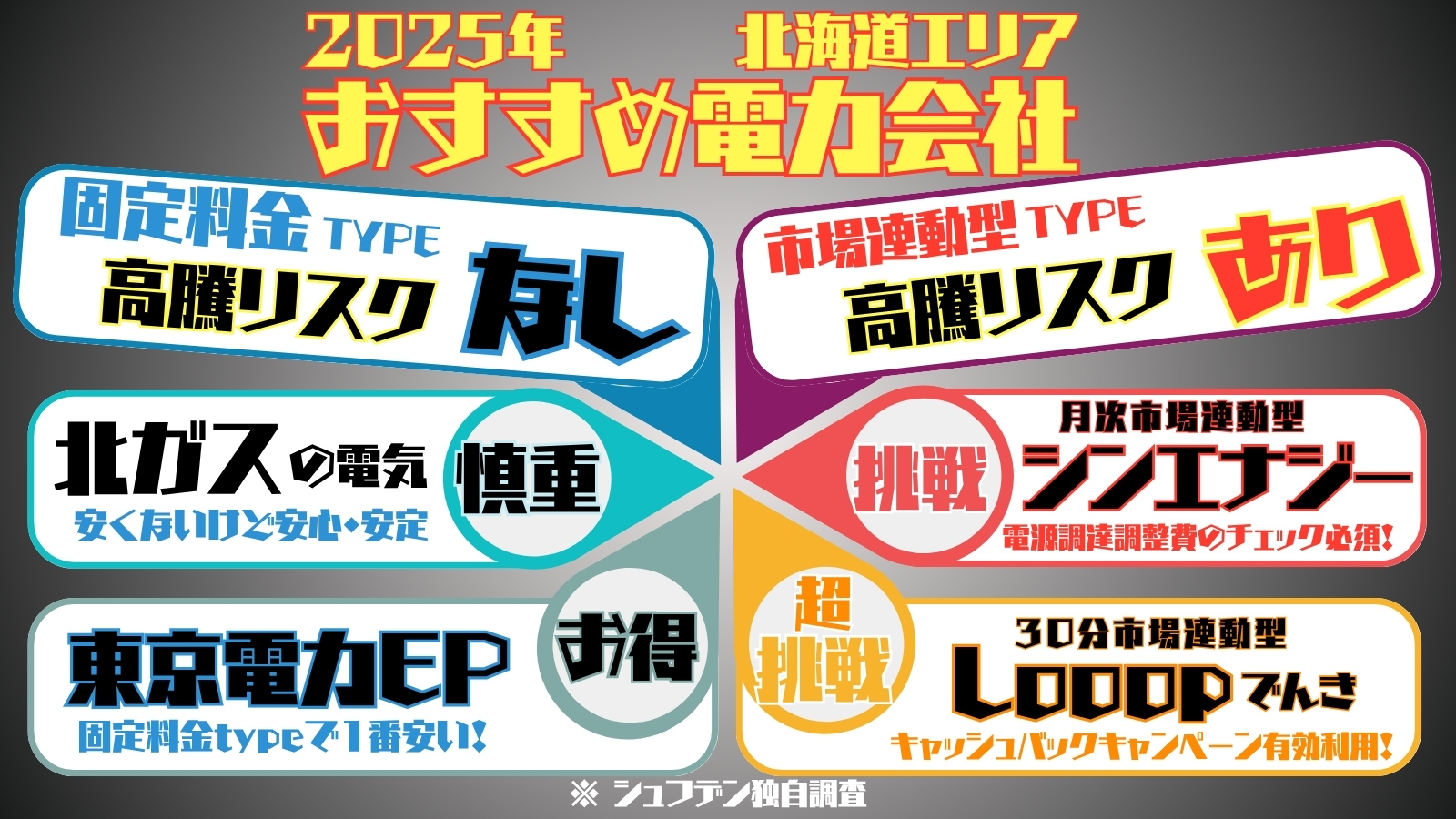 2025年おすすめ電力会社　北海道　Looopでんき 東京電力EP 北ガスの電気　シンエナジー　電気代安い